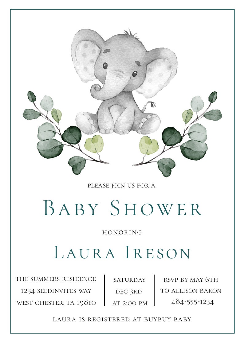 Gray Elephant Baby Shower Invitation Elephant Gender Neutral Etsy