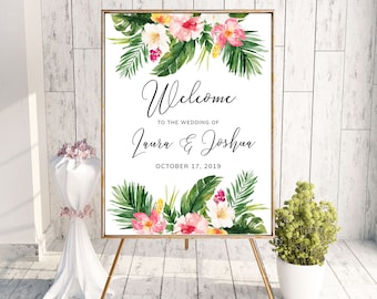 Placa de boas-vindas para casamento tropical – Hibisco rosa, folhagem (PDF editável, JPEG)