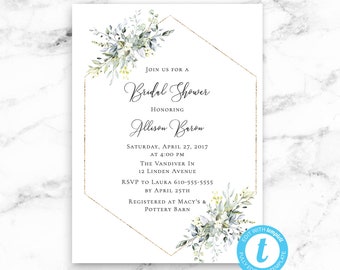 Elegant Gold Greenery Bridal Shower Invitation - Gold Geometric - Printable Editable Template Instant Download JPEG PDF - Watercolor Branch