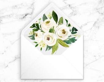 A7 5x7 Envelope Liner - White Watercolor Flowers - Printable Instant Download PDF