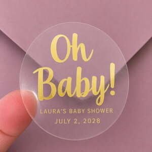 Custom Oh Baby Shower Favor Sticker - 2" Clear Personalized Label with Real Gold Foil Lettering