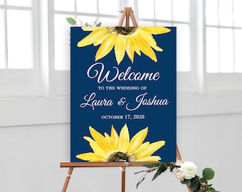 Navy Sunflower Wedding Welcome Sign Poster - Watercolor Sunflower - Editable Template - Printable DIY PDF JPEG File - 18x24 or 24x36