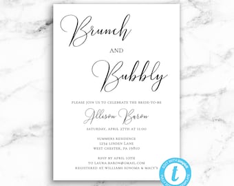 Brunch and Bubbly Bridal Shower Invitation, Modern Script, Printable Template - Editable Instant Download