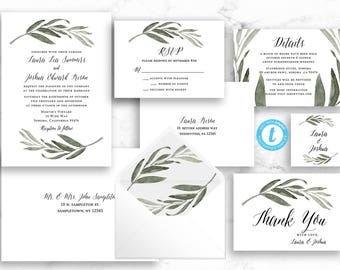 Greenery Wedding Invitation Suite & Envelope Address Set - Leaf Branch Printable Template Editable Instant Download Invites - PDF or JPEG