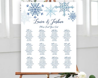 Snowflake Wedding Seating Chart Sign Poster - Winter Wedding Snowflake Navy - Editable Template - Printable DIY PDF JPEG File - 18x24 or 24x