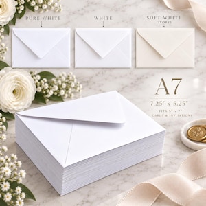 May include: A stack of A7 envelopes measuring 7.25 inches by 5.25 inches, designed for 5 inch by 7 inch cards. The image displays three color options labeled Pure White, White, and Soft White Ivory, featuring a classic pointed flap design.