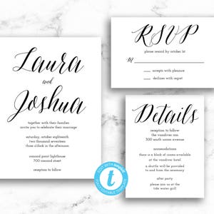 Wedding Invitation Suite - Modern Large Script - Printable Template Editable Instant Download Invites Set - PDF or JPEG - Templett