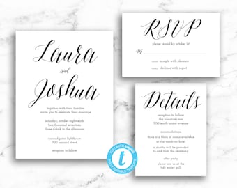 Wedding Invitation Suite - Modern Large Script - Printable Template Editable Instant Download Invites Set - PDF or JPEG - Templett