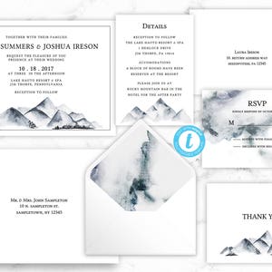 Mountain Watercolor Wedding Invitation Suite - Winter Wedding Invite Set - Templett Editable Instant Printable Template Download