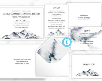 Mountain Watercolor Wedding Invitation Suite - Winter Wedding Invite Set - Templett Editable Instant Printable Template Download