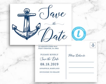 Anchor Save the Date Postcard - Nautical Wedding - Nacy Blue Wedding - Printable Editable Template Instant Download -DIY Printable Post card