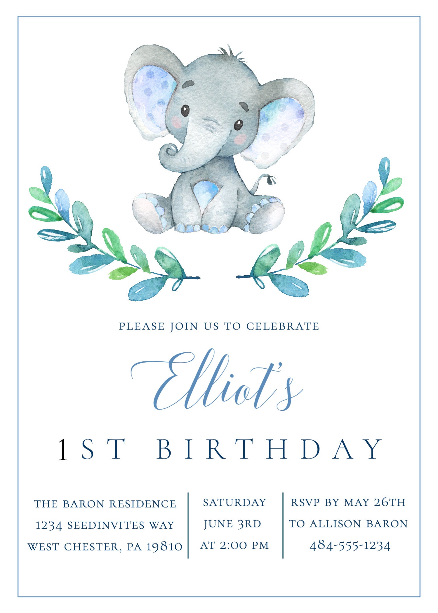 Personalized Elephant 1st Birthday Party Invitations - Set Of 10, Pink Polka Dots, UK Made 12 thumbnail image