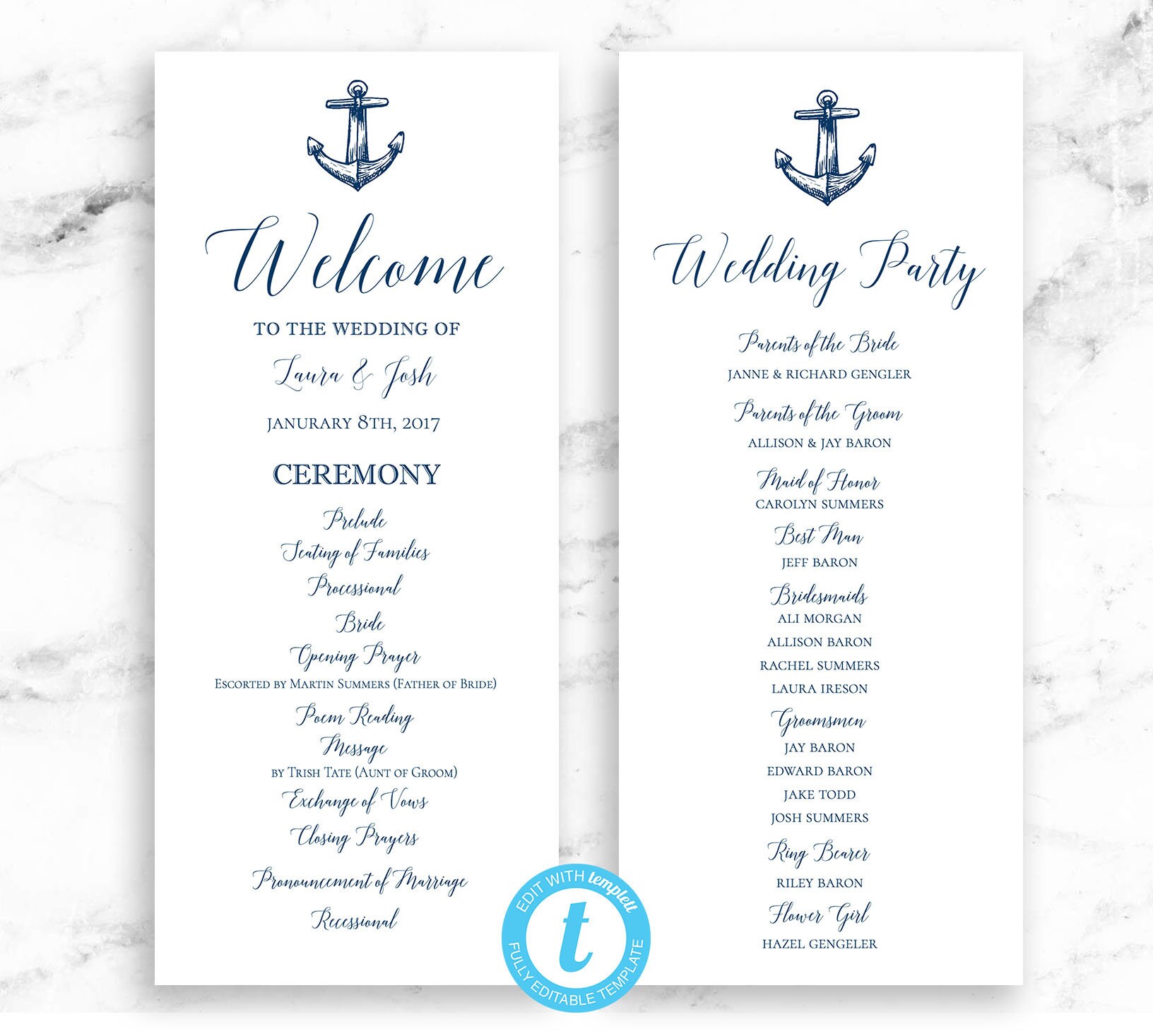 Nautical Wedding Program Ceremony Printable Template Navy Blue