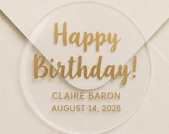 2" Happy Birthday Sticker - Gold Foil - Rose Gold - Birthday Party Silver Personalized Clear Favor Sticker Envelope Seals 20 per sheet