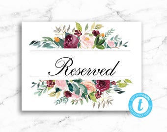 Reserved Wedding Sign - Riley Floral Watercolor Flowers - Editable Template Instant Download - Printable DIY PDF JPEG File
