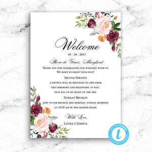Wedding Hotel Bag Welcome Card - Pink Red Roses - Editable Instant Digital Download - PDF or JPEG Download - Riley Floral