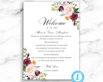 Wedding Hotel Bag Welcome Card - Pink Red Roses - Editable Instant Digital Download - PDF or JPEG Download - Riley Floral