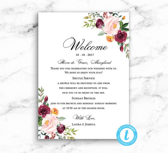 Wedding Hotel Bag Welcome Card Pink Red Roses Editable Instant.