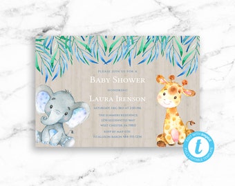 Baby Shower Invitation - Baby Boy Girl Animals Safari Elephant Giraffe - Printable Editable Instant Download JPEG PDF