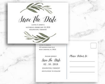 Save the Date Postcard Post Card Watercolor Branch Leaves - Printable Editable Template Instant Download JPEG PDF