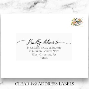 May include: White envelope with a black and white address label that reads "Kindly deliver to MR. & MRS. SAMUEL BARON 1234 SEED INVITES WAY WEST CHESTER, PA 19810". The envelope also has a small floral stamp with the word "Love" in black script.