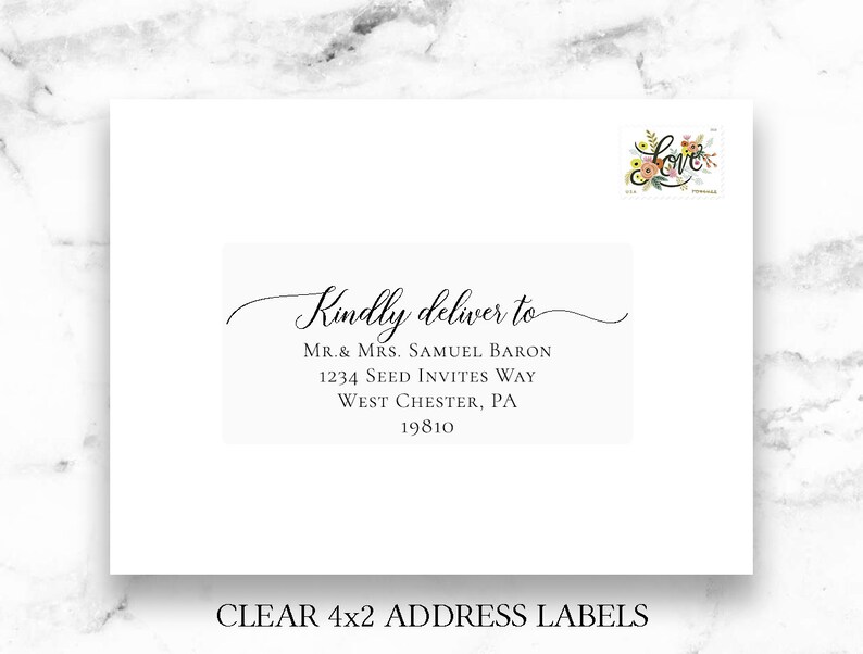 May include: White envelope with a black and white address label that reads "Kindly deliver to MR. & MRS. SAMUEL BARON 1234 SEED INVITES WAY WEST CHESTER, PA 19810". The envelope also has a small floral stamp with the word "Love" in black script.