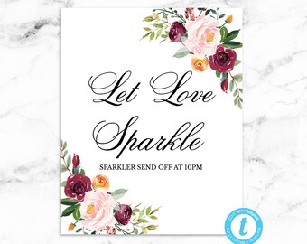 Let Love Sparkle Sparkler Wedding Sign - Pink Red Flowers Bridal Shower Card Sign - Editable Template - Printable DIY PDF JPEG File - Riley