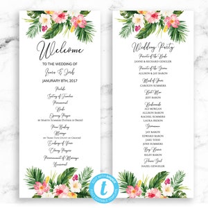 Tropical Wedding Program Ceremony Printable Template - Pink Hibiscus Tropical Greenery - Editable Template - Printable DIY - Templett