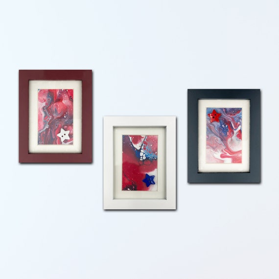 Title; Red, White & Blue Trio, framed fluid acrylics