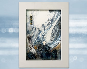 Title: Grace, framed inspirational fluid acrylics painting embellished with cross and jewelry beads