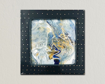 Title: Blue & Gold Dots, framed fluid acrylics