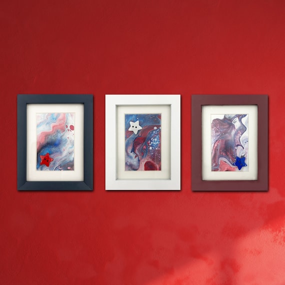 Title: Red White Blue Minis, framed fluid acrylics