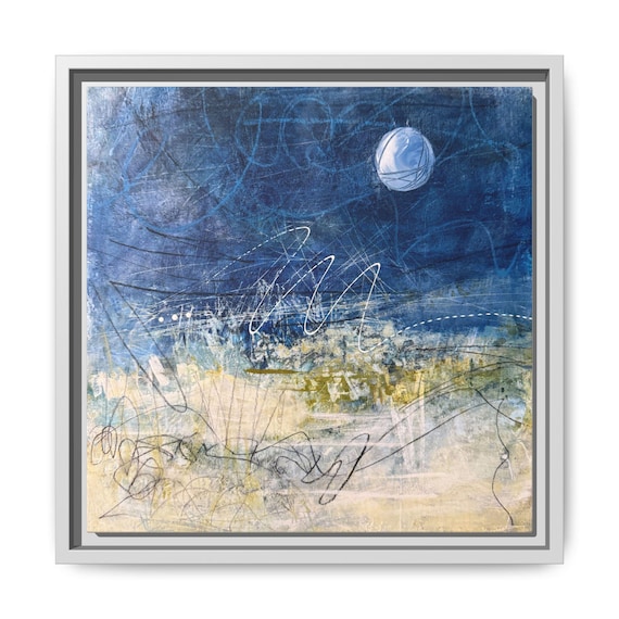 Abstract Moonscape Matte Canvas Framed | Blue Coastal Art Wall Decor