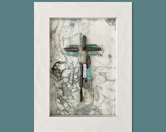 Title: Live In Hope, fluid acrylics and cross crafted with jewelry beads