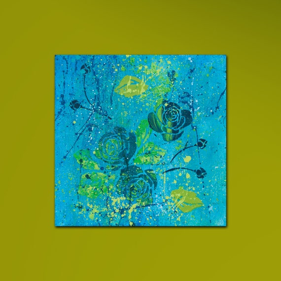 Aqua Rose Blooms Abstract Acrylic Painting