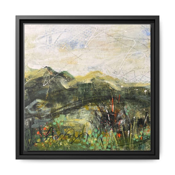 Abstract Meadow Landscape Matte Canvas Framed | Green Mountain Wall Art