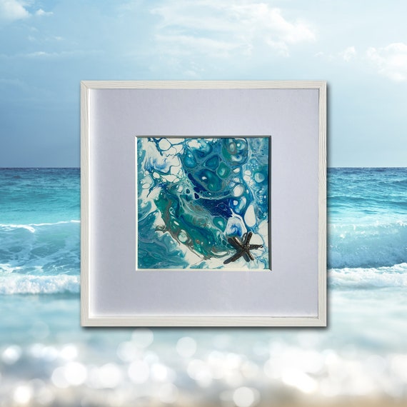 Title: Aqua Starfish, framed fluid acrylics