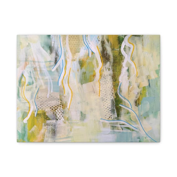 Abstract Green Blue Yellow Floral Painting Matte Canvas