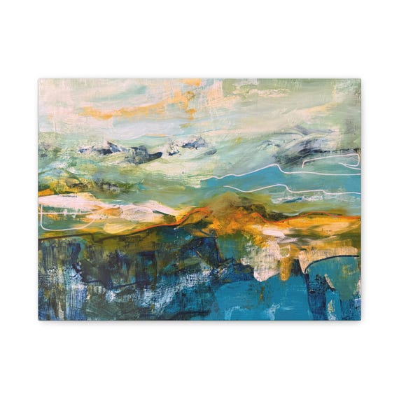 Blue Gold Abstract Landscape Canvas | Matte Stretched Canvas