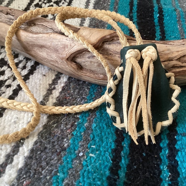 Medicine Bag Necklace, Forest Green and Palomino Deerskin Medicine Pouch,  Handmade in Canada