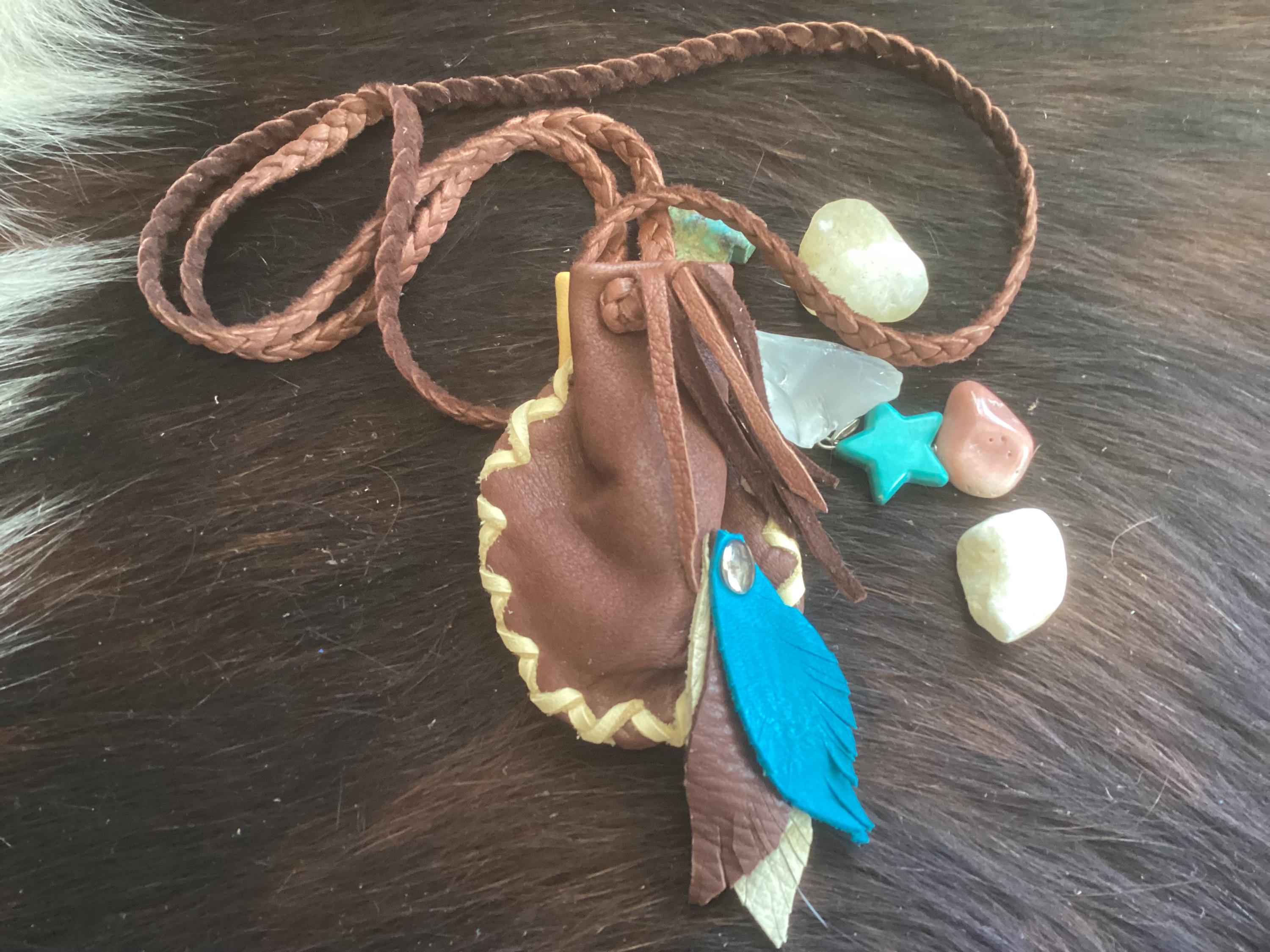 Deerskin Medicine Bag Necklace With Leather Feathers, Leather