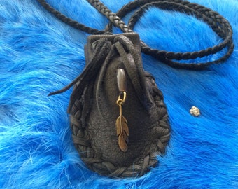 Handmade Leather Medicine Bag with Bone Bead and Metal Feather, Black Deerskin Medicine Pouch with Braid Necklace,Canadian Made