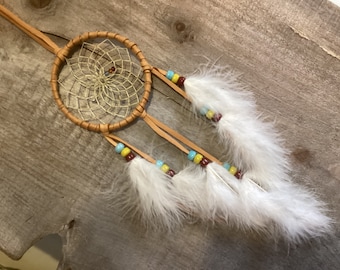 Dream Catcher,  Leather with Beads and White  Feathers, Small  Dream Catcher, Ready to Ship, Made in Canada