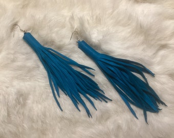 Turquoise Leather Tassel Earrings, Boho Jewelry, Deerskin Fringe ,Handmade in Canada