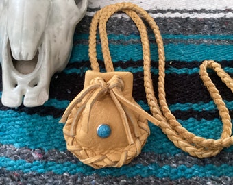 Medicine Bag , Leather Medicine Pouch on Braid Necklace, Drawstring  Deer Hide Pouch, Handmade in Canada