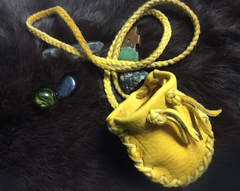 Gold Deerskin Medicine Bag on Braid Strap, Leather Pouch, Canadian Made