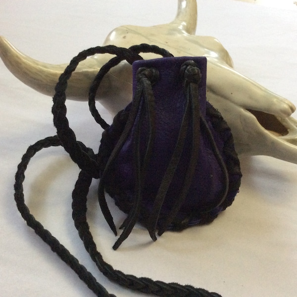 Handmade Leather Medicine Bag, Black and Purple Pouch with Braid Necklace, Ready to Ship,Canadian Made