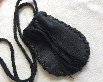 Large Medicine Bag, Handmade Black Deerskin Amulet  Pouch on Braid Strap, Soft Leather Medicine Pouch, Men’s  Leather  Pouch, Canadian Made