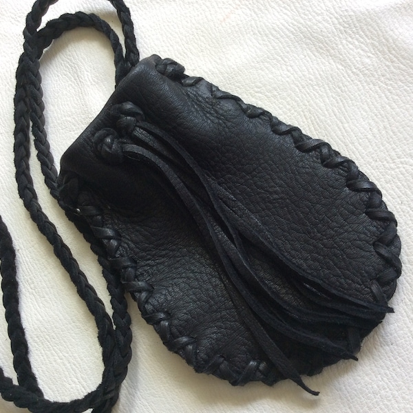 Large Medicine Bag, Handmade Black Deerskin Amulet  Pouch on Braid Strap, Soft Leather Medicine Pouch, Men’s  Leather  Pouch, Canadian Made