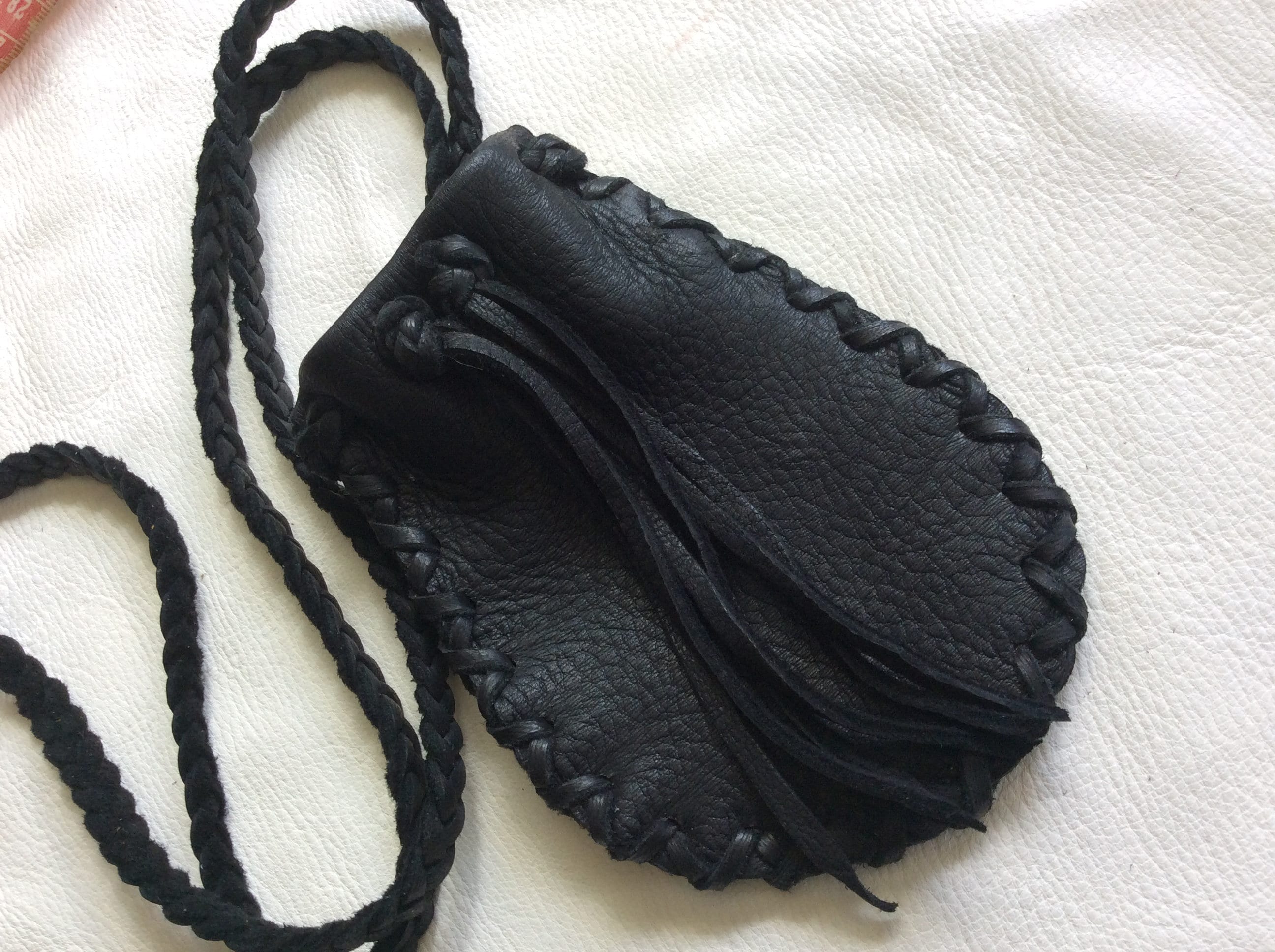 Black Deerskin Medicine Bag, Braided Strap Pouch, Soft Leather Amulet Holder